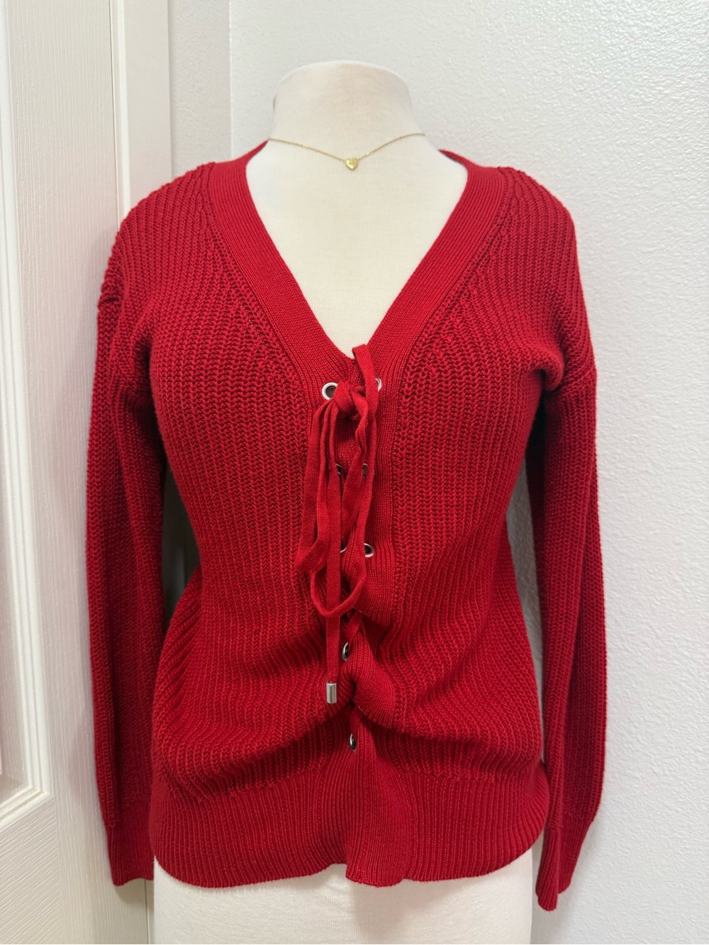 Guess Red Lace-Up V-Neck Pullover Sweater - Picture 1 of 6